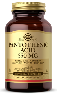 La miniatura de Solgar Ácido pantoténico 550 mg 100 Cápsulas vegetales es un complemento alimenticio que aporta el nutriente esencial ácido pantoténico para contribuir a la salud y el bienestar general.