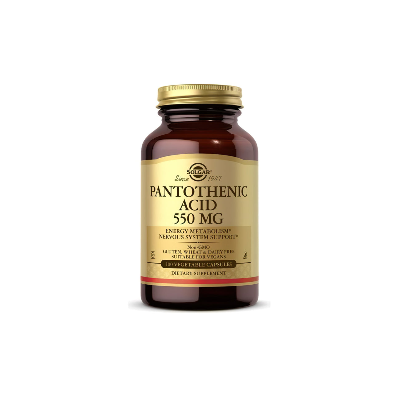 Solgar Ácido pantoténico 550 mg cápsulas de complemento alimenticio, que contienen 200 mg de ácido pantoténico.