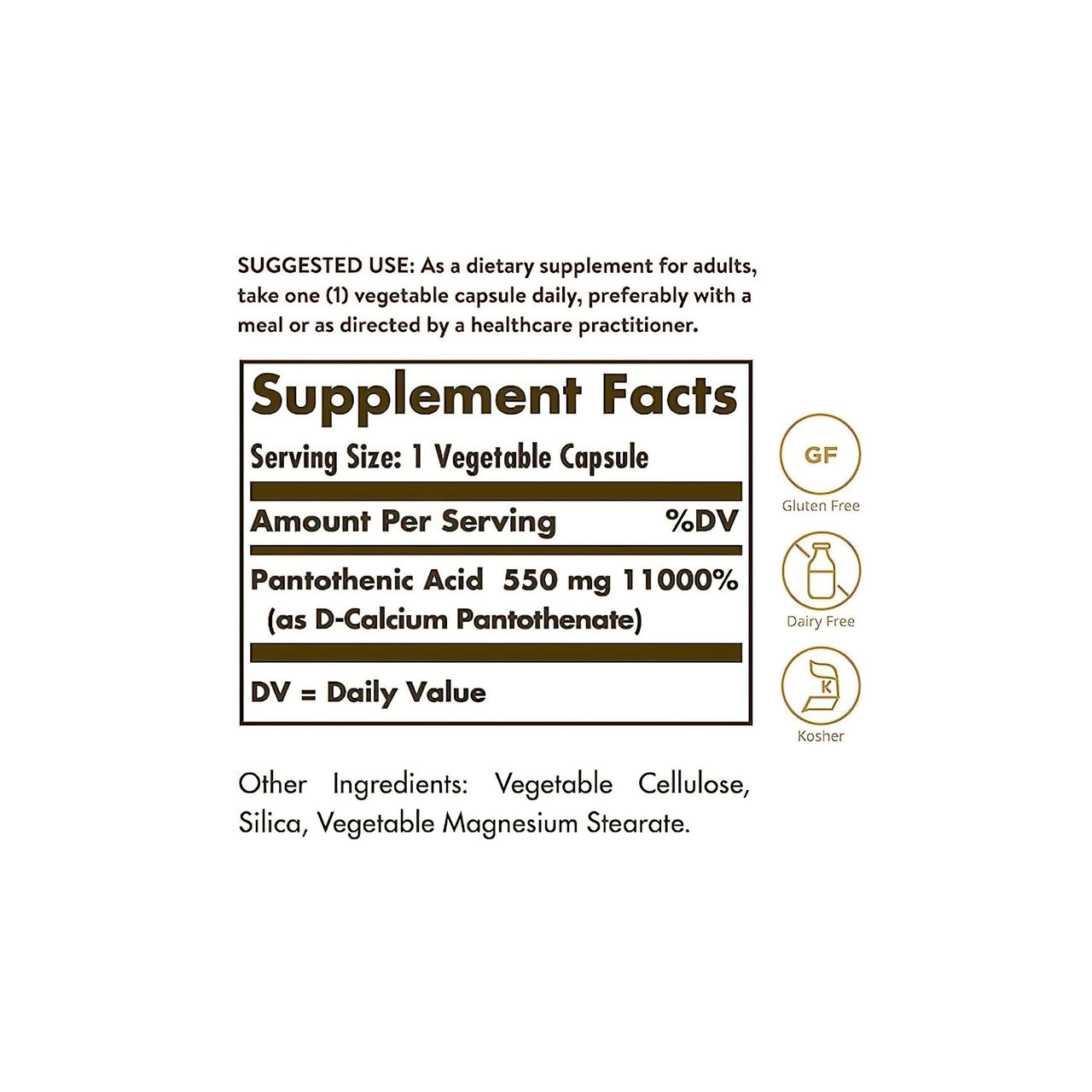 Etiqueta Solgar que muestra los ingredientes de un complemento alimenticio, incluido el Ácido pantoténico 550 mg 100 Cápsulas vegetales.