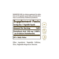 Miniatura de Una etiqueta de Solgar que muestra los ingredientes de un suplemento dietético, incluido el Ácido Pantoténico 550 mg 100 Cápsulas Vegetales.