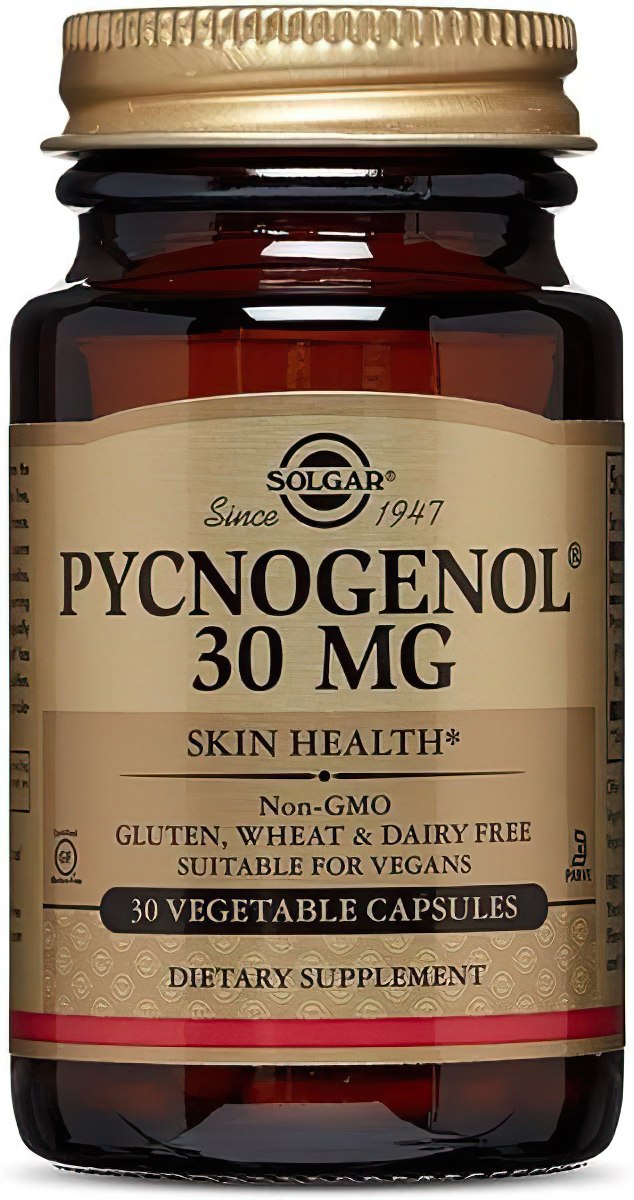 Un frasco de Solgar Pycnogenol 30 mg 30 VCaps, diseñado para apoyar la salud cerebral.