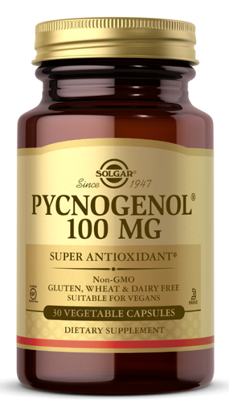 Un frasco de Solgar Pycnogenol 100 mg 30 cápsulas vegetales, favorece la salud cerebral.