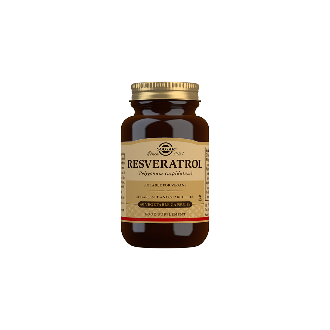 Solgar Resveratrol 100 mg, available in a brown bottle with a beige label, provides powerful antioxidant benefits and cardiovascular support, is suitable for vegans, and comes in vegetable capsules.