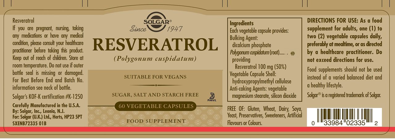 Label for Solgar's Resveratrol 100 mg supplement, emphasizing its antioxidant properties and cardiovascular benefits. Features information on ingredients, dosage, and manufacturer. The product includes 60 vegetable capsules that are suitable for vegans and free from sugar, salt, or starch.