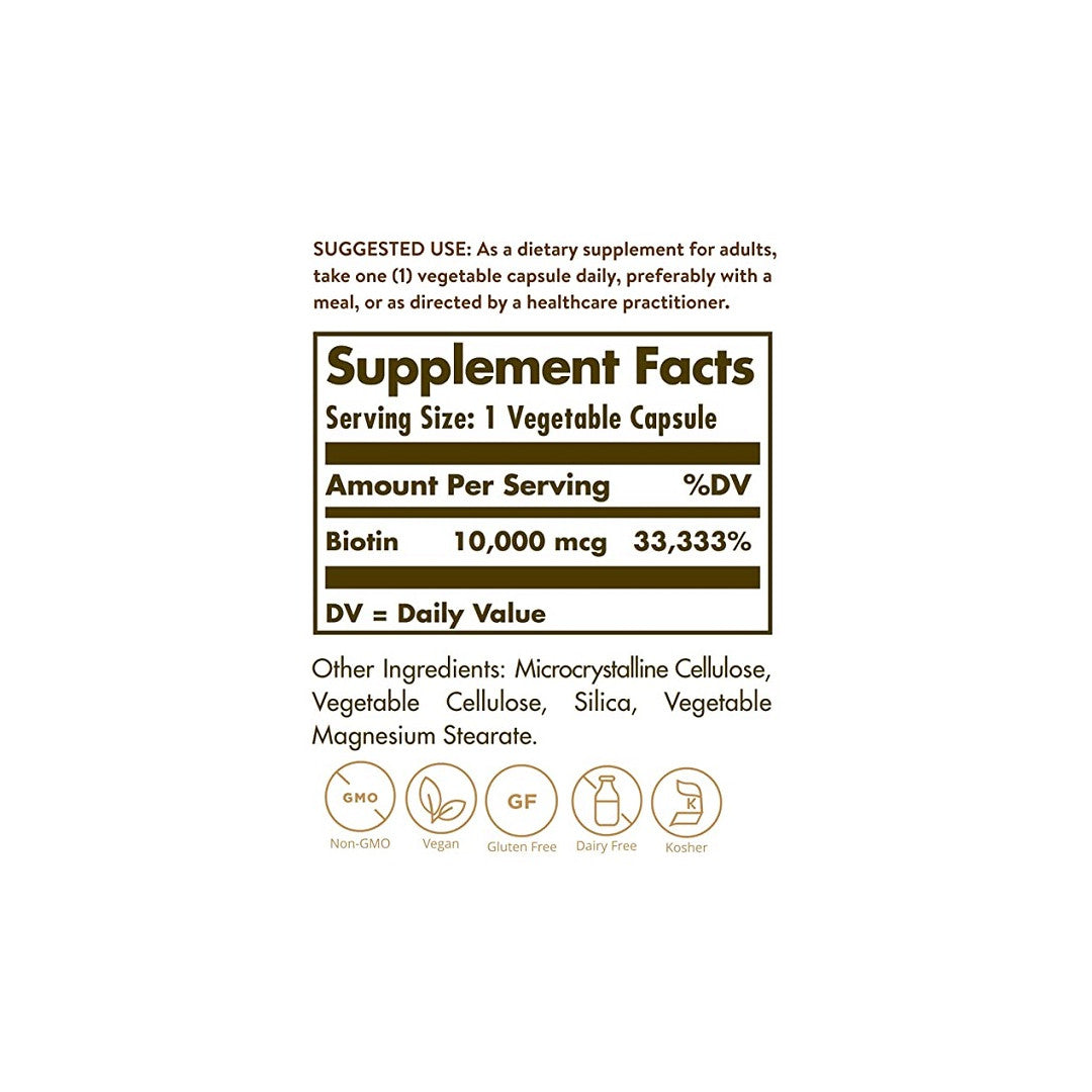 Etiqueta con los ingredientes de Solgar's Biotin 10000 mcg 60 Vegetable Capsules dietary supplement.