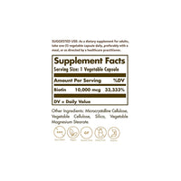 Miniatura de una etiqueta que muestra los ingredientes de Solgar's Biotin 10000 mcg 60 Vegetable Capsules dietary supplement.
