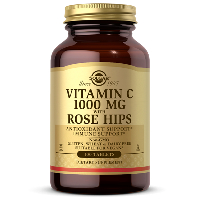 A 100-tablet brown bottle of Solgar's Vitamin C 1000 mg with Rose Hips highlights antioxidant and immune support. It's non-GMO, gluten-free, wheat-free, dairy-free, vegan-friendly, and enhanced with rose hips for added benefits.