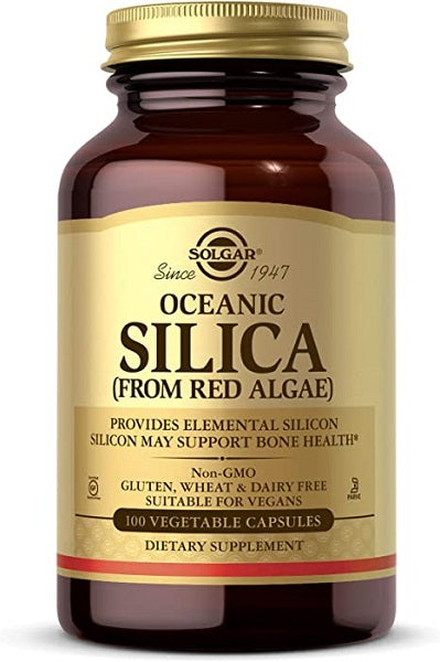 Un frasco de Sílice Oceánica 25 mg 100 Cápsulas Vegetales de Solgar, que favorece la salud del cabello, las uñas y el sistema óseo y articular.