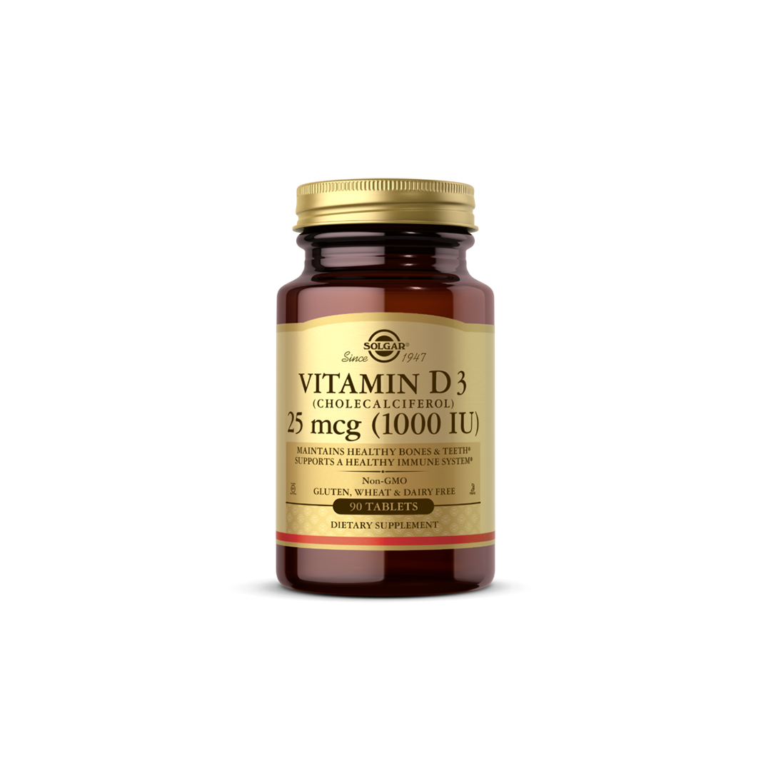 Solgar's Vitamin D3 (Cholecalciferol) 25 mcg (1000 IU), available in 90 tablets, is designed to enhance bone health and support the immune system effectively.