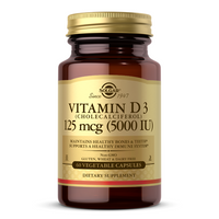 Thumbnail for The Solgar Vitamin D3 (Cholecalciferol) supplement offers immune system support and bone health benefits. It contains 60 non-GMO, gluten-free, wheat-free, and dairy-free vegetable capsules, each providing 125 mcg (5000 IU) for optimal wellness.