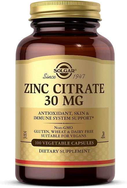Solgar Zinc Citrate 30 mg 100 Vegetable Capsules are a beneficial zinc supplement for supporting the immune system and maintaining healthy skin.