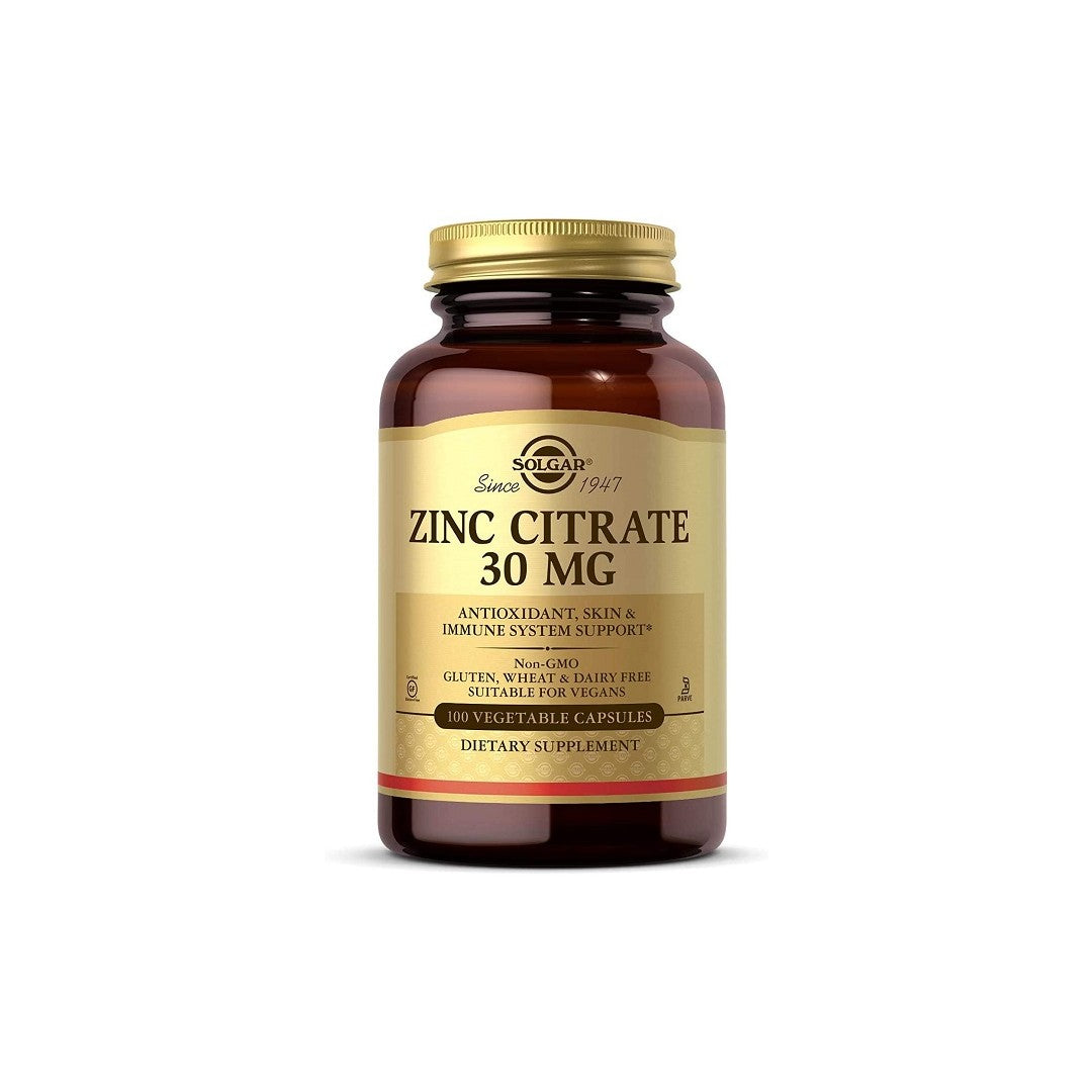 A Solgar Zinc Citrate 30 mg 100 Vegetable Capsules supplement for the immune system and skin health.