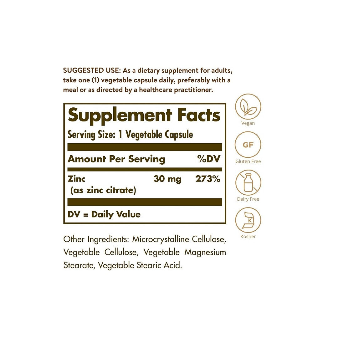 A label showing the ingredients of Solgar's Zinc Citrate 30 mg 100 Vegetable Capsules.