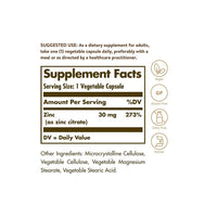 Thumbnail for A label showing the ingredients of Solgar's Zinc Citrate 30 mg 100 Vegetable Capsules.