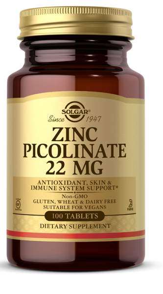 Solgar's Zinc Picolinate 22 mg 100 tablets is a powerful antioxidant that supports the immune system.