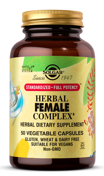 Un frasco de Solgar Complejo Herbal Femenino, que contiene 50 cápsulas vegetales.