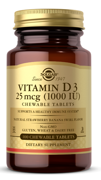 Solgar Vitamina D3 1000 UI 100 comprimidos masticables sabor natural a remolino de fresa y plátano esencial para un sistema inmunitario, huesos y dientes sanos.