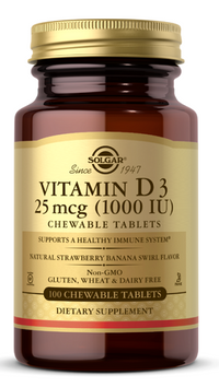 Miniatura de Solgar Vitamina D3 1000 UI 100 comprimidos masticables sabor natural a remolino de fresa y plátano esencial para un sistema inmunitario, huesos y dientes sanos.