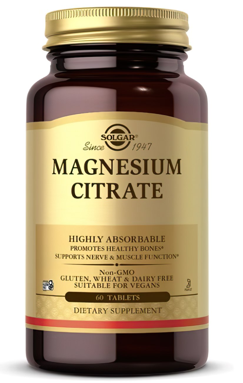 Un frasco de Solgar Citrato de magnesio 420 mg 60 comprimidos.