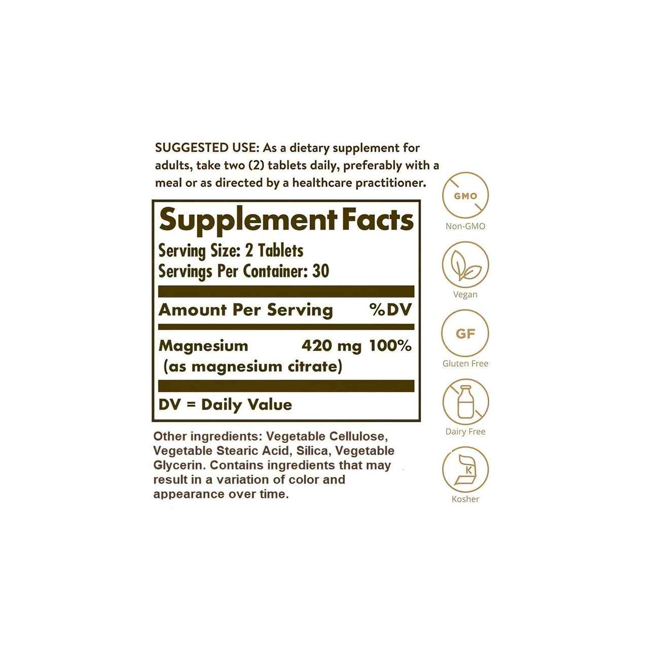Etiqueta del suplemento Solgar Citrato de magnesio 420 mg 60 comprimidos que contiene vitaminas y minerales.