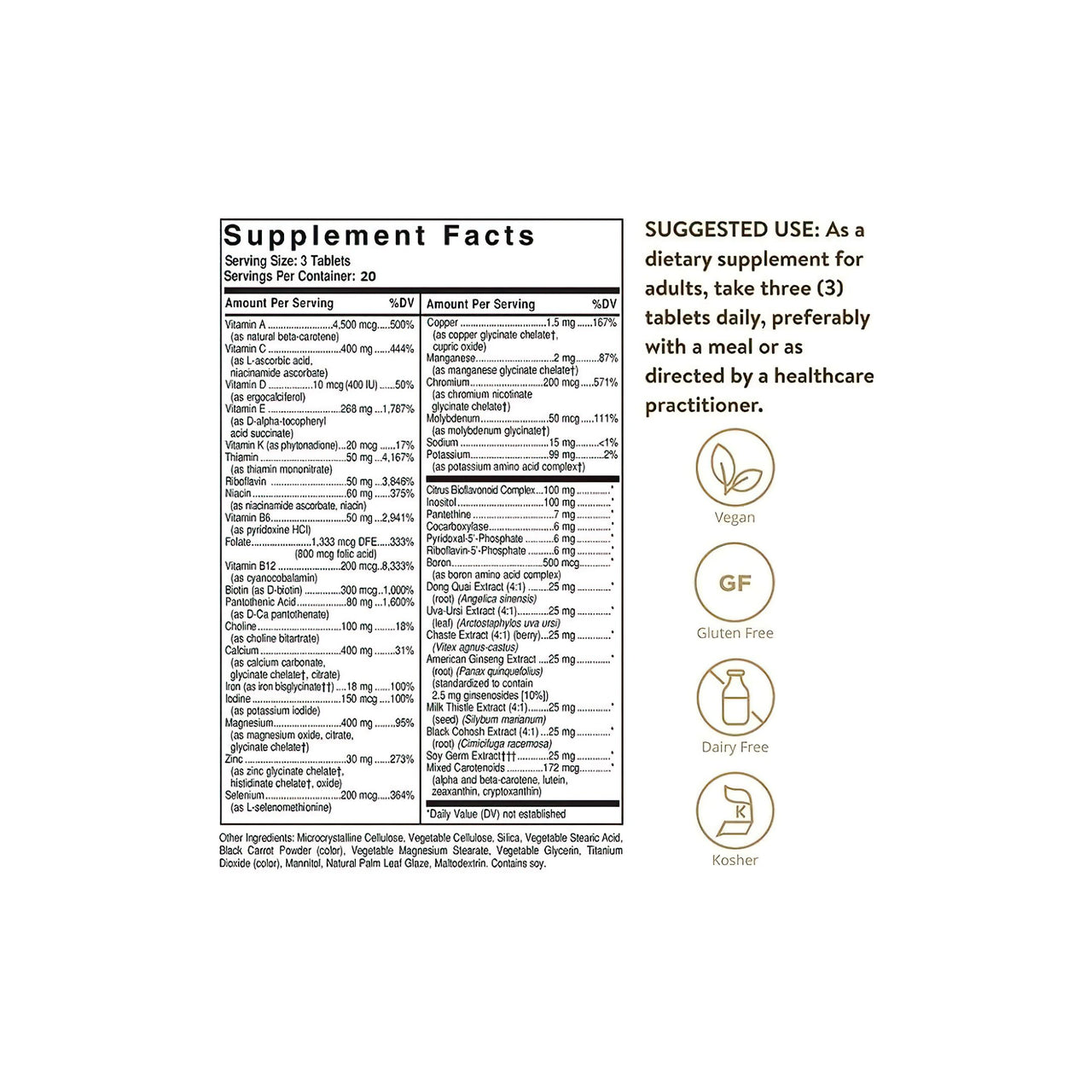 Etiqueta con los ingredientes del suplemento Solgar's Female Multiple 60 Comprimidos.