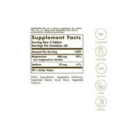 Miniatura de una etiqueta que muestra los ingredientes del suplemento Citrato de Magnesio 200 mg 120 Comprimidos de Solgar.