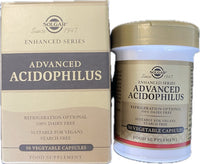 Thumbnail for A box and a bottle of Solgar Advanced Acidophilus 50 Vegetable Capsules. With probiotic Lactobacillus acidophilus, this product supports intestinal function, is suitable for vegans, dairy-free, starch-free, and refrigeration is optional.