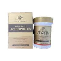 Thumbnail for A box and a bottle of Solgar Advanced Acidophilus 50 Vegetable Capsules, part of the Enhanced Series, contain probiotic Lactobacillus acidophilus to support intestinal function. Suitable for vegans and starch-free, each container offers 50 capsules.