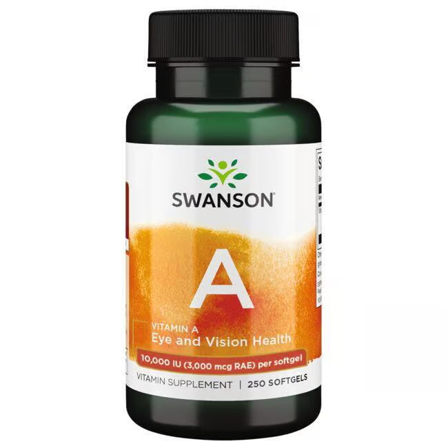 A bottle of Swanson's Vitamin A 10000 IU 250 Softgels, perfect for eye and immune system support, provides a vision health formula with 10,000 IU per serving.