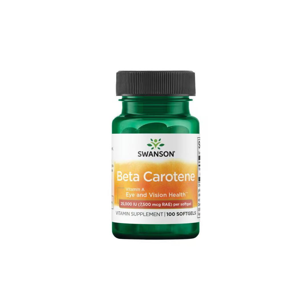 Swanson's Beta-Carotene 25000 IU supplement, labeled for eye and vision health, provides antioxidant protection in a green bottle containing 100 softgels.