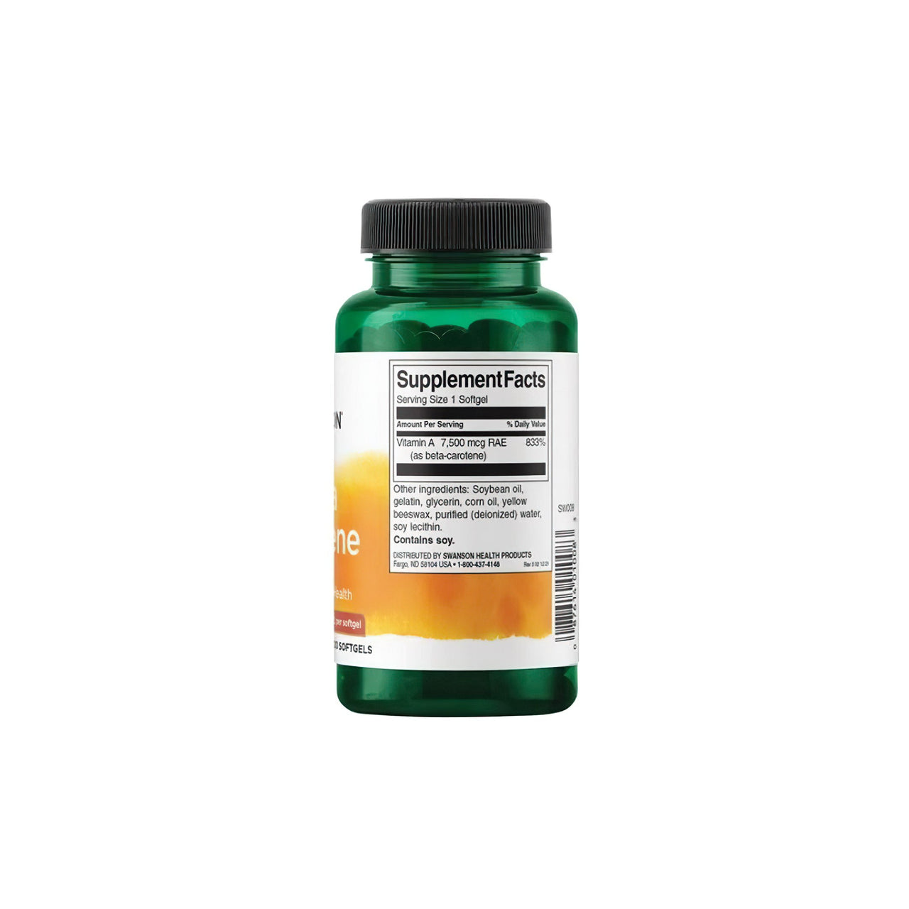 Un frasco de suplemento dietético de Swanson Beta-Carotene - 25000 IU 300 softgels Vitamin A sobre fondo blanco.