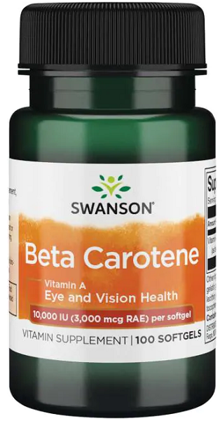 Swanson Betacaroteno es un complemento alimenticio que aporta 10000 UI de vitamina A en 100 cápsulas blandas.