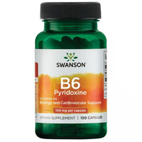 Thumbnail for A bottle of Swanson's Vitamin B6 Pyridoxine, featuring 100 capsules at 100 mg each, is designed to support energy metabolism and enhance cardiovascular health.