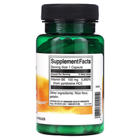 Thumbnail for A green bottle of Swanson's Vitamin B6 Pyridoxine 100 mg capsules features a label detailing supplement facts, highlighting Vitamin B6 content and other ingredients like rice flour and gelatin, all designed to support energy metabolism.