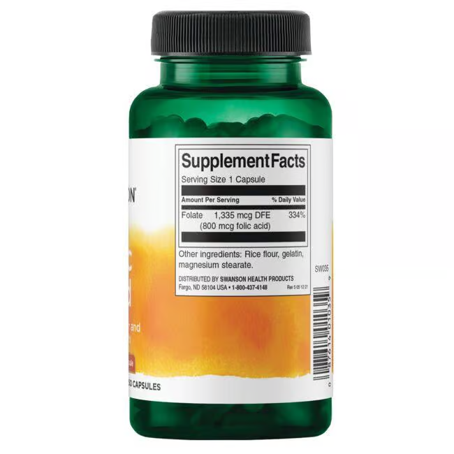 Swanson's Folic Acid - 800 mcg 250 capsules comes in a green bottle featuring nutritional info and ingredients like rice flour and gelatin. Packed with vitamin B9, it's an essential supplement, especially during pregnancy.