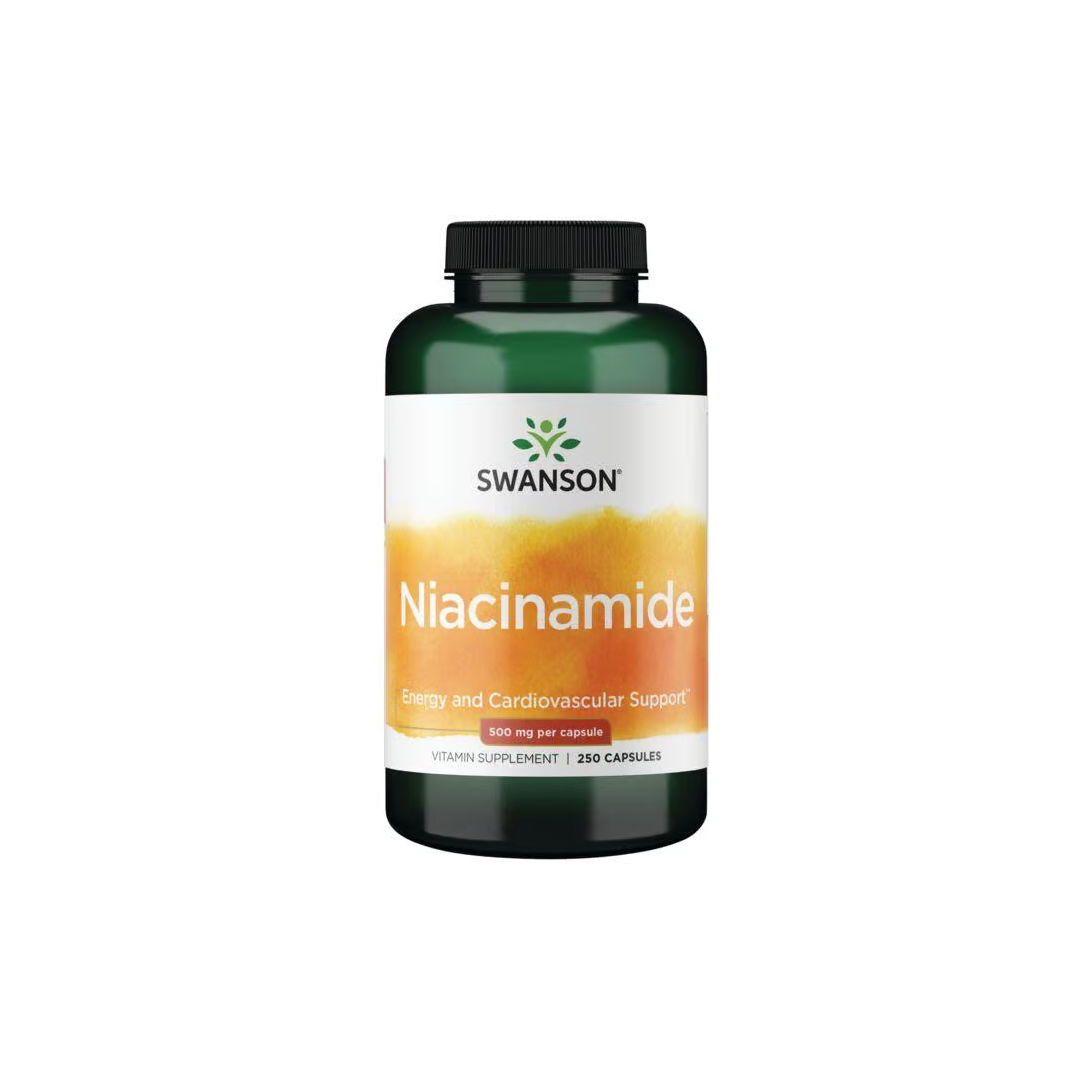 Swanson Vitamin B-3 Niacinamide offers 250 capsules at 500 mg each, labeled for "Energy and Cardiovascular Support." This supplement aids energy levels and supports carbohydrate metabolism, enhancing overall well-being.