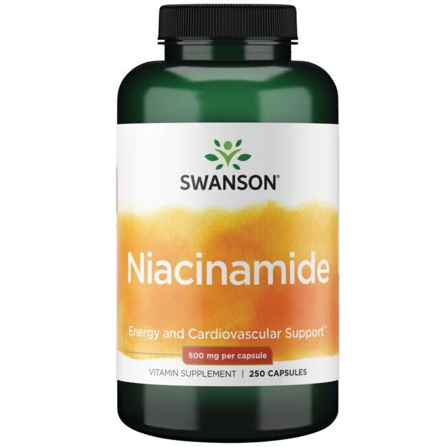 A bottle of Swanson Vitamin B-3 Niacinamide labeled for Energy, Cardiovascular Support, and Carbohydrate Metabolism, 500 mg per capsule, contains 250 capsules.