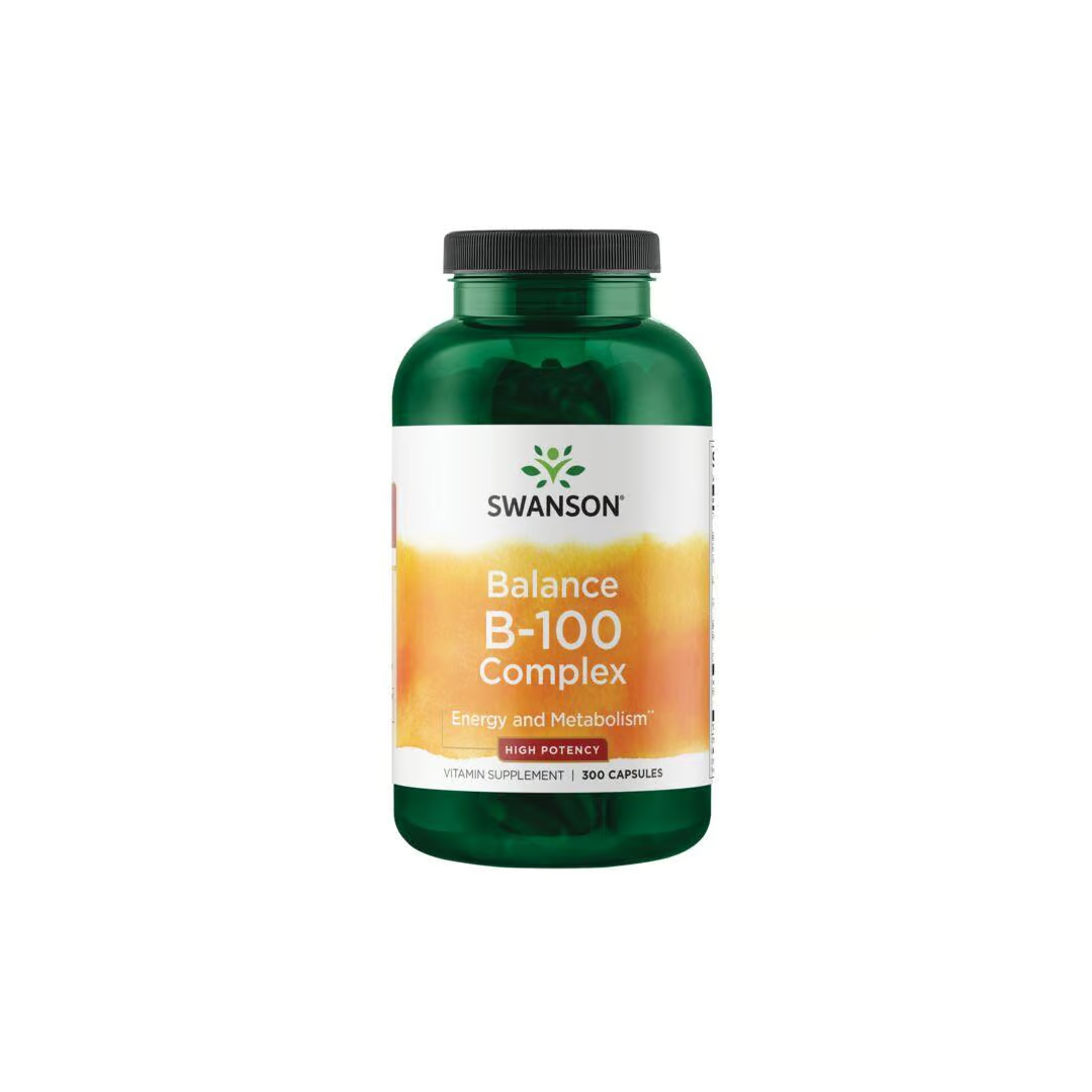 A green bottle branded "Swanson" contains 300 capsules of Vitamin B-100 Complex, designed for energy, metabolism, and nervous system health.