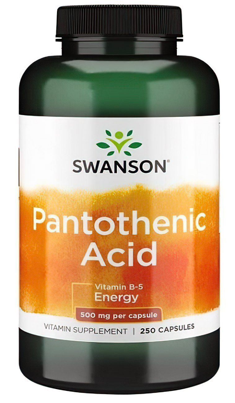 Bottle of Swanson Pantothenic Acid 500 mg Vitamin B-5 supplement for energy metabolism and skin regeneration, 250 capsules.