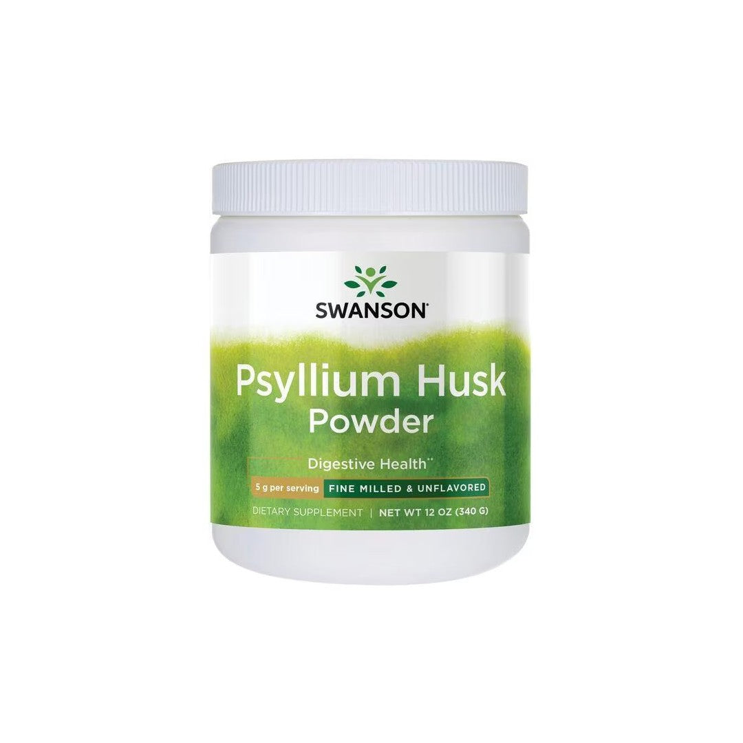 A container of Swanson Psyllium Husk Powder - Fine Milled & Unflavored 340 g for digestive and heart health. The label indicates it is fine milled, unflavored, and provides 5g per serving. The net weight is 12 oz (340g).