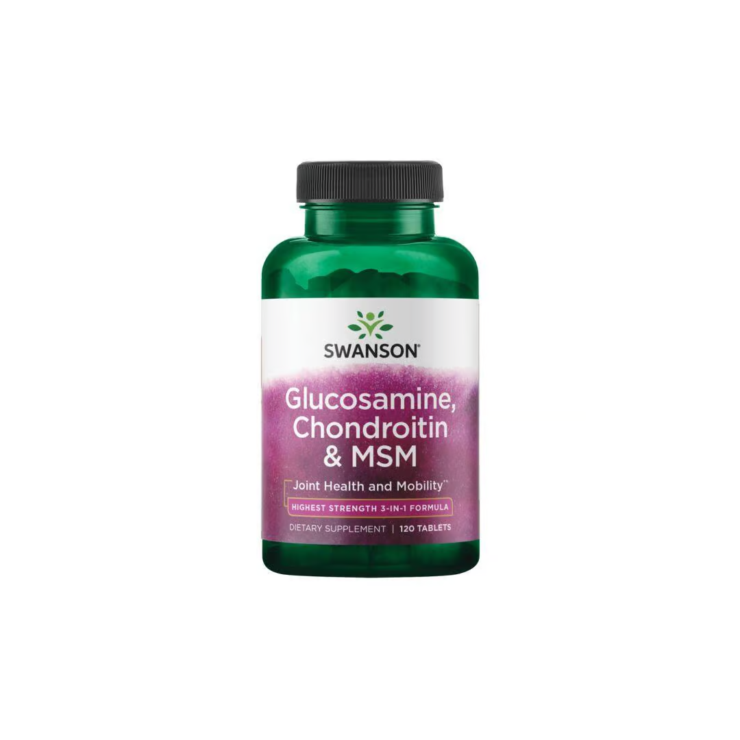 A bottle of Swanson's Glucosamine, Chondroitin & MSM supplements, designed to support joint health and mobility, is green and contains 120 tablets.