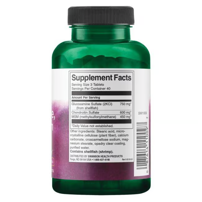 Swanson's Glucosamine, Chondroitin & MSM 120 Tablets come in a green bottle showcasing a supplement label with glucosamine sulfate, chondroitin sulfate, and MSM; contains shellfish. Yields 40 servings per container.