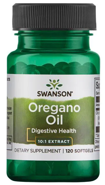 Un frasco de Swanson Aceite de Orégano - 150 mg 120 cápsulas blandas, conocido por sus efectos beneficiosos sobre el sistema inmunitario y la salud gastrointestinal.