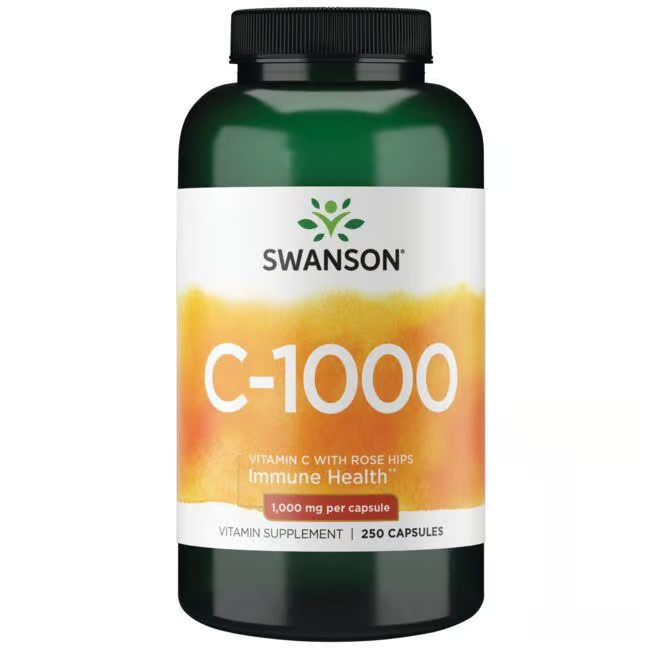 Swanson's Vitamin C-1000 with Rose Hips offers immune support with 250 capsules, each containing 1,000 mg of vitamin C.