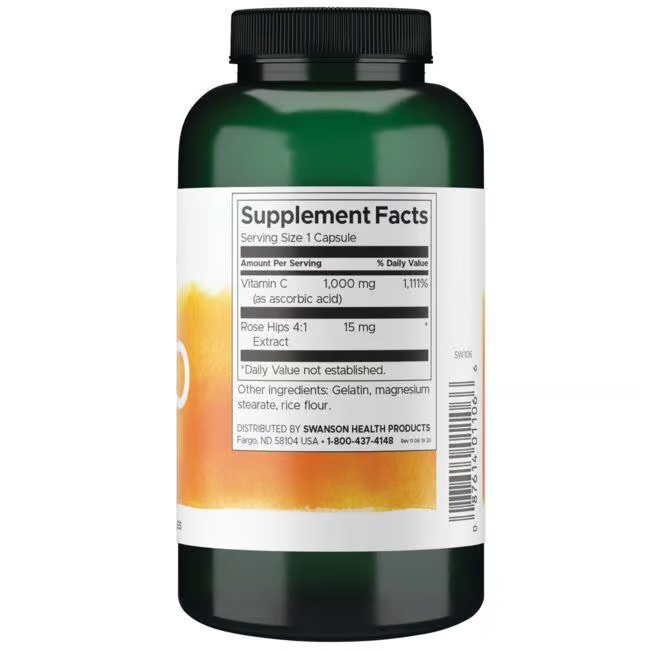 The Swanson Vitamin C-1000 with Rose Hips 250 Capsules comes in a dark green bottle displaying supplement facts and highlighting its antioxidant properties, featuring 1000 mg of Vitamin C and 15 mg of rosehip extract, along with gelatin and rice flour.