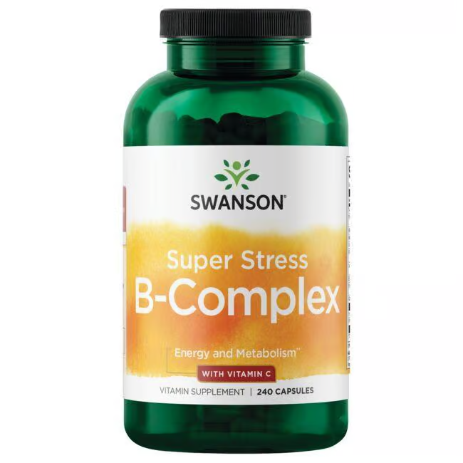 Green bottle of Swanson's "Super Stress B-Complex with Vitamin C," offering essential B vitamins and vitamin C for energy and metabolism support, contains 240 capsules.