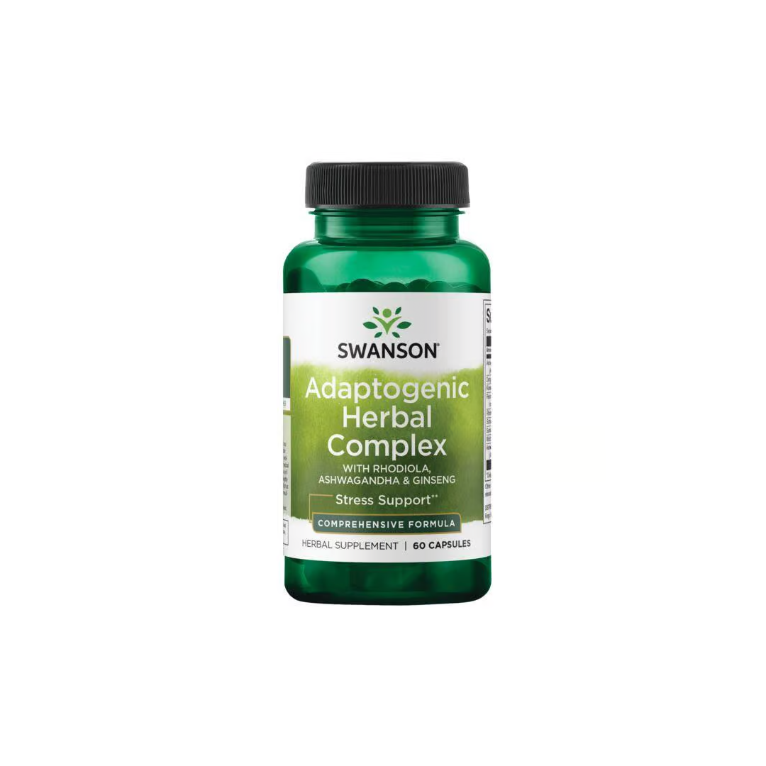 Explore stress support with Swanson's Adaptogenic Complex Rhodiola, Ashwagandha & Ginseng. This bottle of 60 capsules is filled with potent herbs designed to help you maintain balance and vitality.