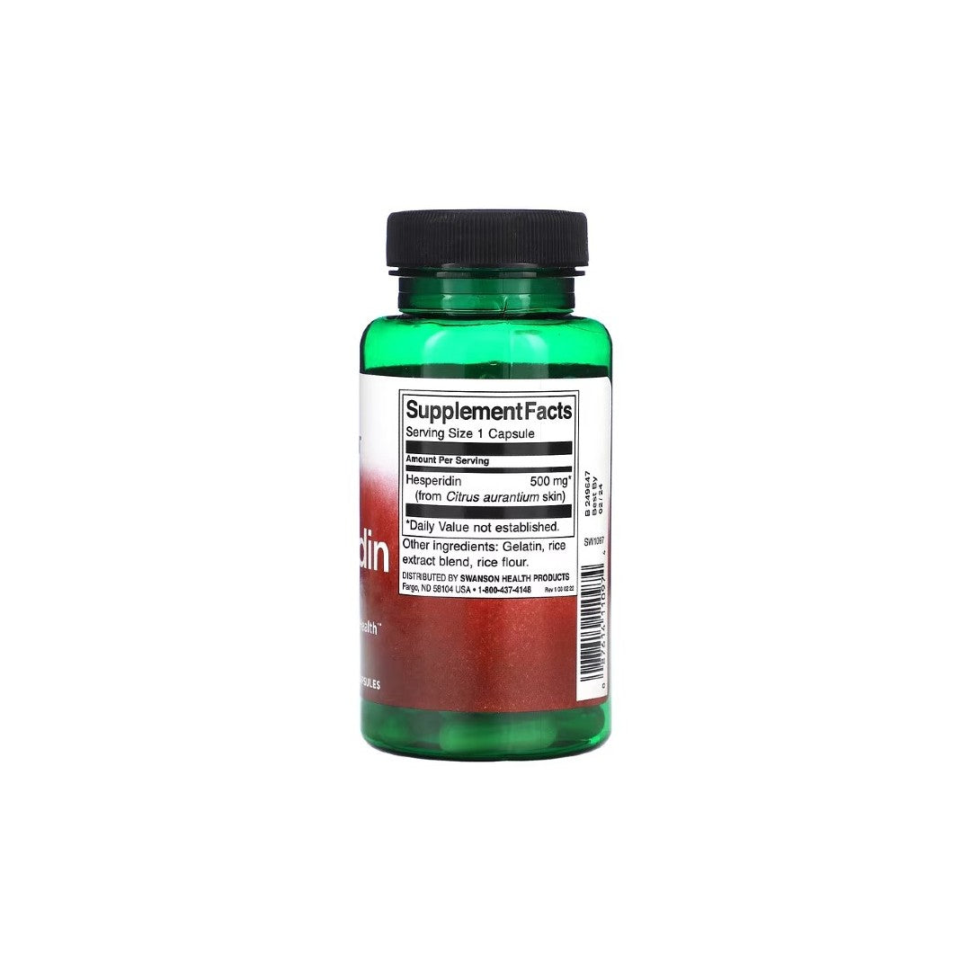 A green bottle with a black cap, labeled "Swanson Hesperidin 500 mg 60 Capsules," detailing 500 mg of Hesperidin per capsule. The label highlights that the daily value is not established and lists other ingredients. Known for its cardiovascular health benefits and antioxidant effects, this supplement supports overall wellness.