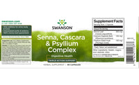 Thumbnail for Label for Swanson Senna, Cascara & Psyllium Complex 90 Capsules herbal supplement, promoting digestive health and body detoxification. Displays product information, a list of natural herb ingredients, serving size details, and contact information.