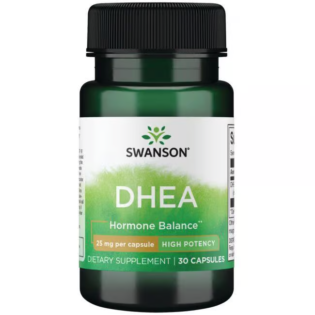 Swanson's DHEA 25 mg High Potency supplement offers 30 capsules for hormonal balance and energy support.